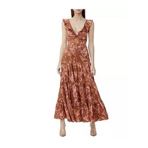 Significant Other Soller Pleated Cutout Ruffle Tropical Satin Maxi Dress 4 NWT